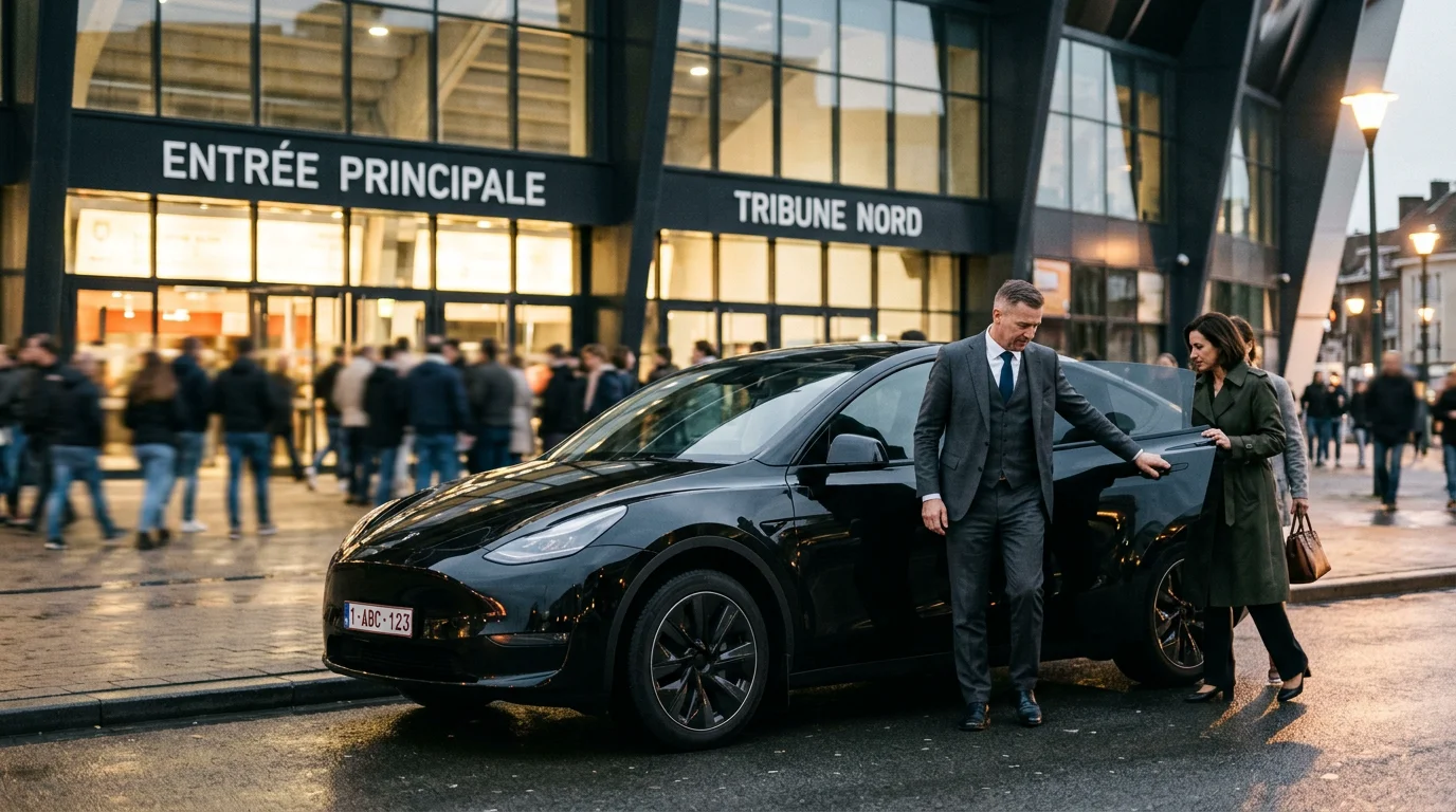 Taxi noir avec chauffeur déposant des passagers devant l'entrée du stade en soirée