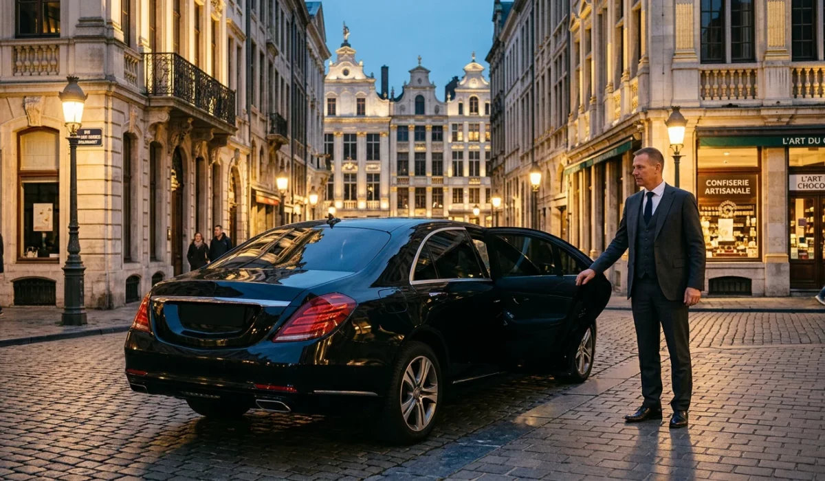 Mercedes Classe E noire avec chauffeur professionnel dans une rue pavée du centre historique de Bruxelles au crépuscule