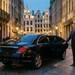Mercedes Classe E noire avec chauffeur professionnel dans une rue pavée du centre historique de Bruxelles au crépuscule