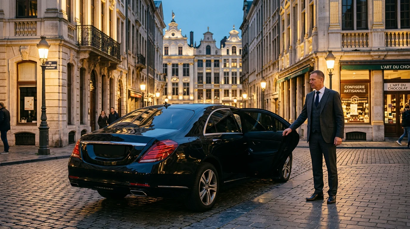 Mercedes Classe E noire avec chauffeur professionnel dans une rue pavée du centre historique de Bruxelles au crépuscule