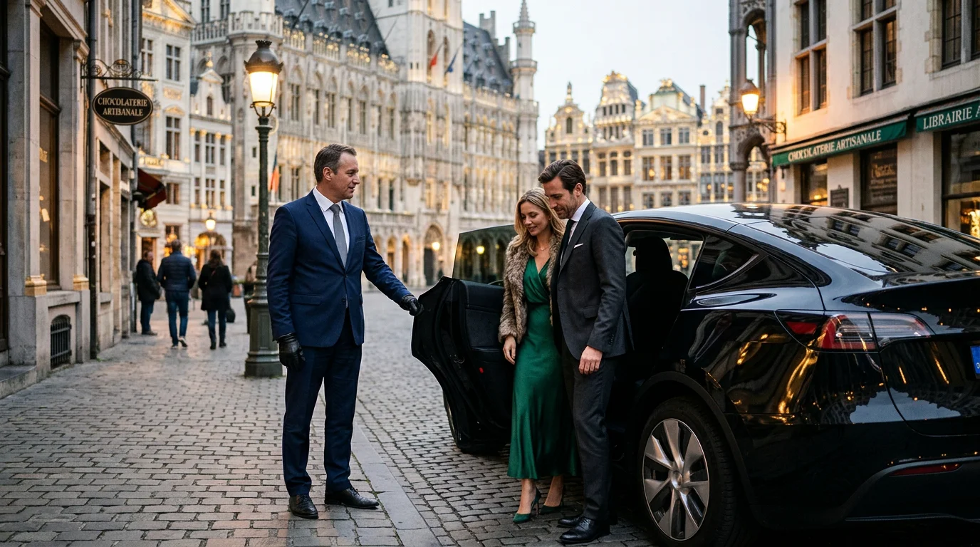 Tesla Model Y noire avec chauffeur déposant des passagers près du centre historique de Bruxelles le soir