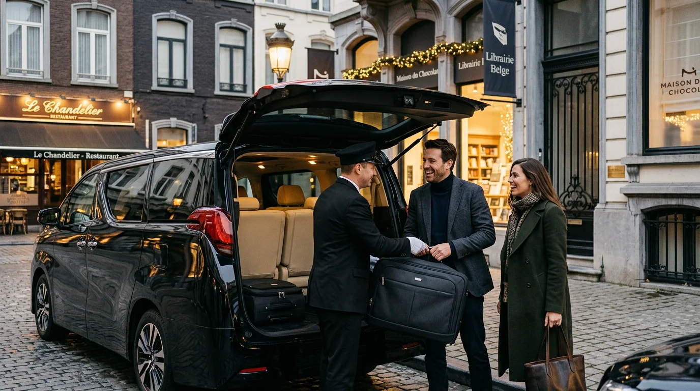 Mercedes Classe V noire avec chauffeur aidant des passagers à charger leurs bagages à Bruxelles le soir