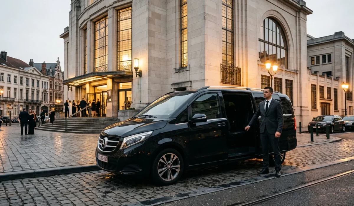 Mercedes Classe V noire avec chauffeur professionnel devant un lieu culturel à Bruxelles le soir