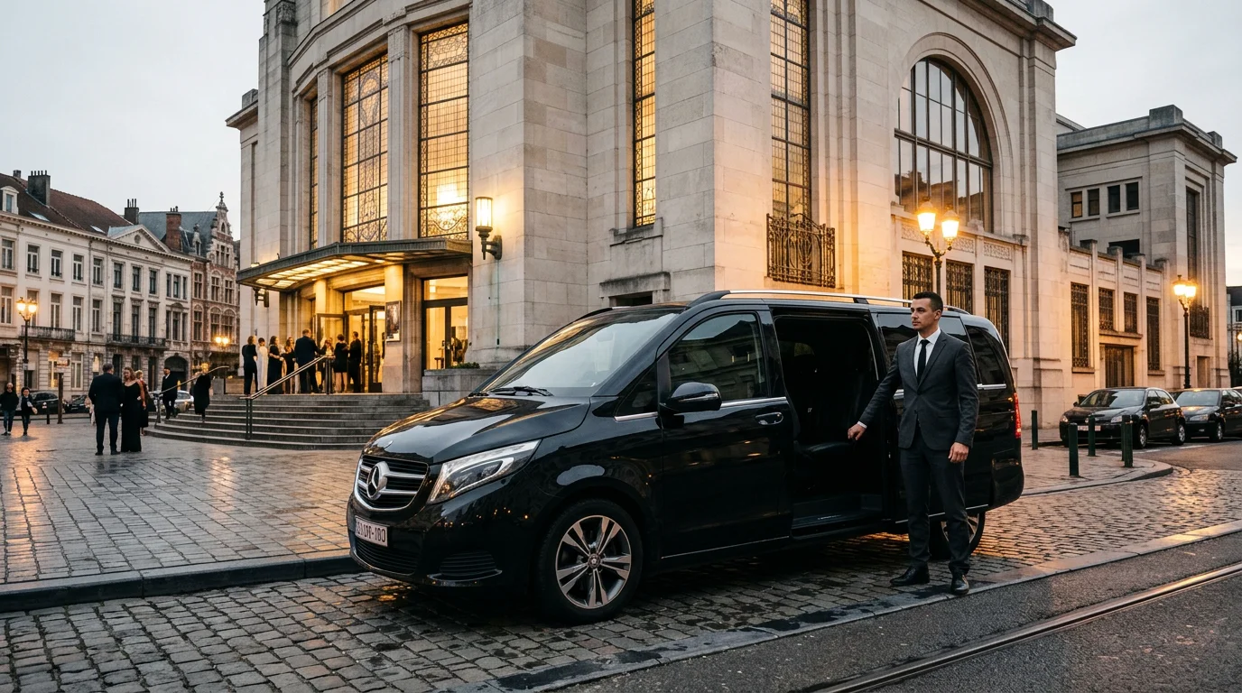 Mercedes Classe V noire avec chauffeur professionnel devant un lieu culturel à Bruxelles le soir