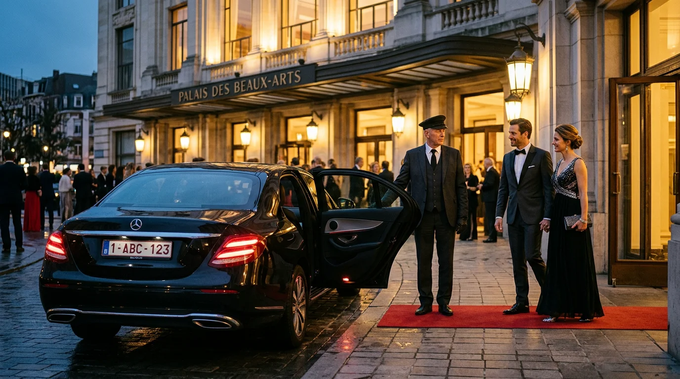 Chauffeur professionnel déposant des passagers en Mercedes Classe E noire devant un lieu culturel à Bruxelles