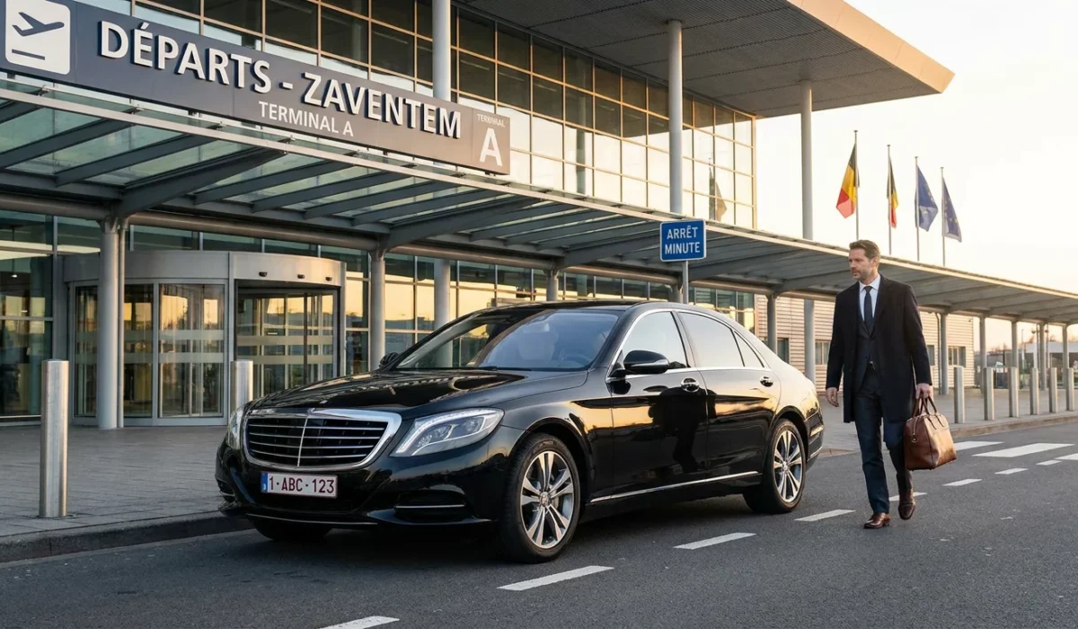 Berline premium attendant un passager devant un terminal d'aéroport en Belgique