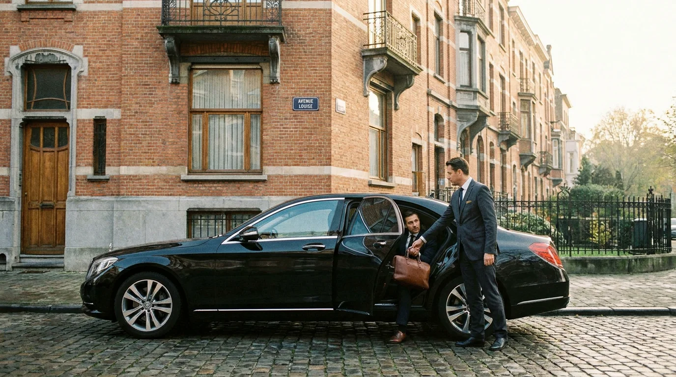 Chauffeur de taxi ouvrant la porte d'une berline premium devant une maison en Brabant wallon