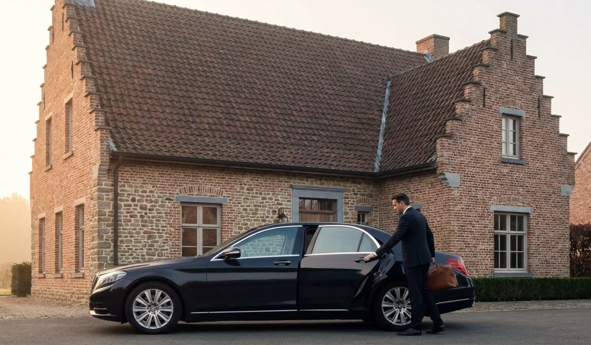 Chauffeur de taxi accueillant un passager devant une maison du Brabant wallon à l'aube