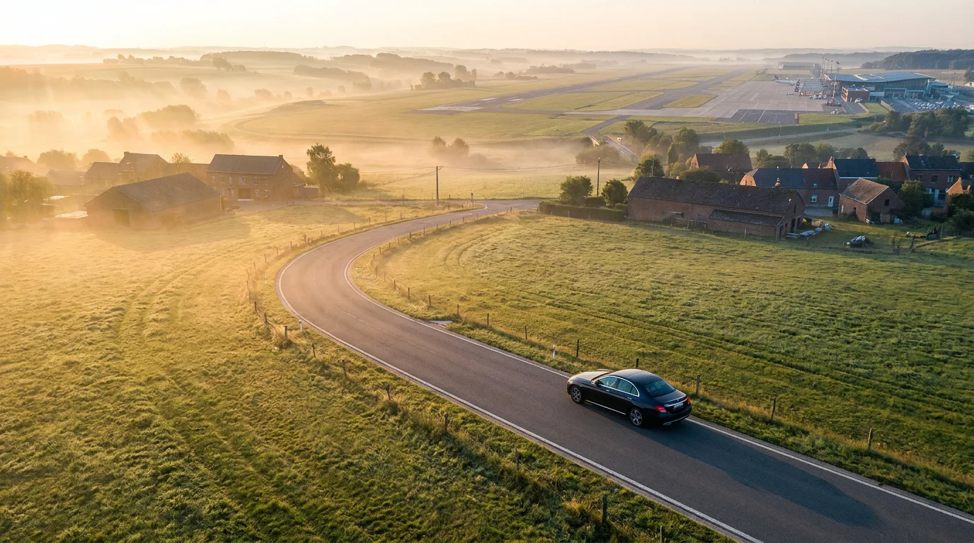 Route du Brabant wallon menant vers l'aéroport de Charleroi au lever du soleil