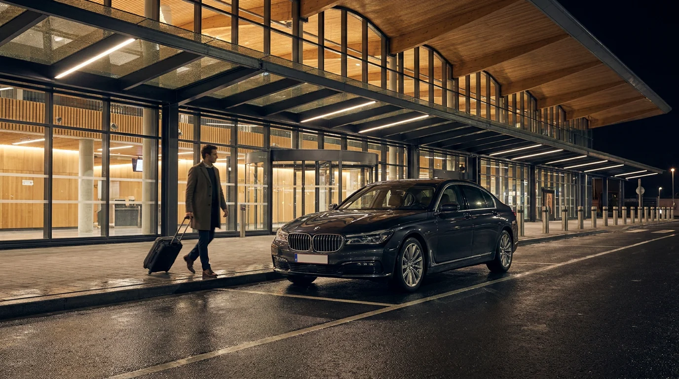 Passager rejoignant son taxi de nuit devant le terminal de l'aéroport de Charleroi