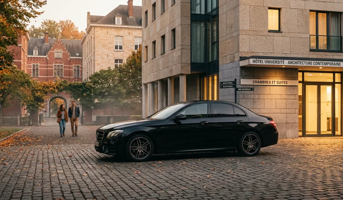 Berline noire premium stationnée devant un hôtel à Louvain-la-Neuve