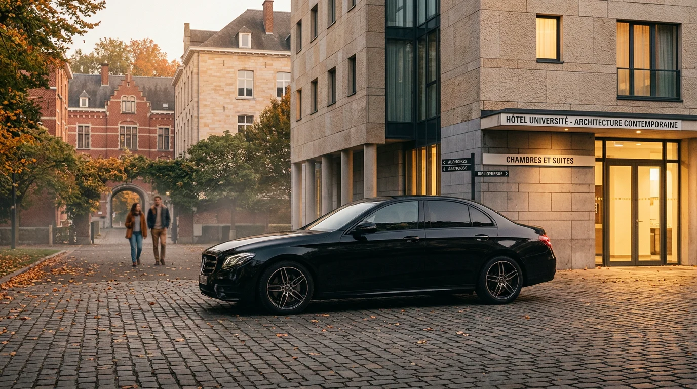 Berline noire premium stationnée devant un hôtel à Louvain-la-Neuve