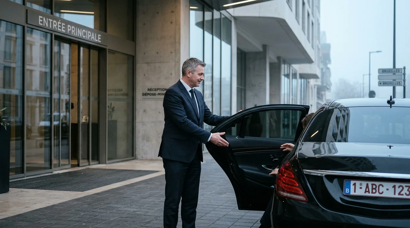 Chauffeur professionnel ouvrant la portière d'une berline noire devant un hôtel à Louvain-la-Neuve