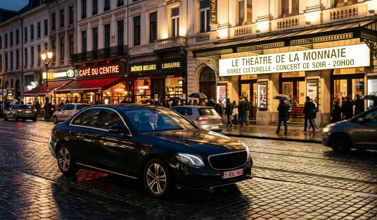 Berline noire premium avec chauffeur professionnel le soir sur un boulevard de Bruxelles