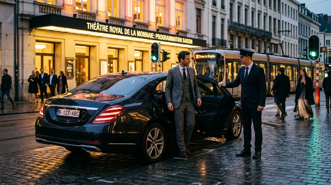 Chauffeur professionnel ouvrant la portière d'une berline noire devant une salle de concert à Bruxelles