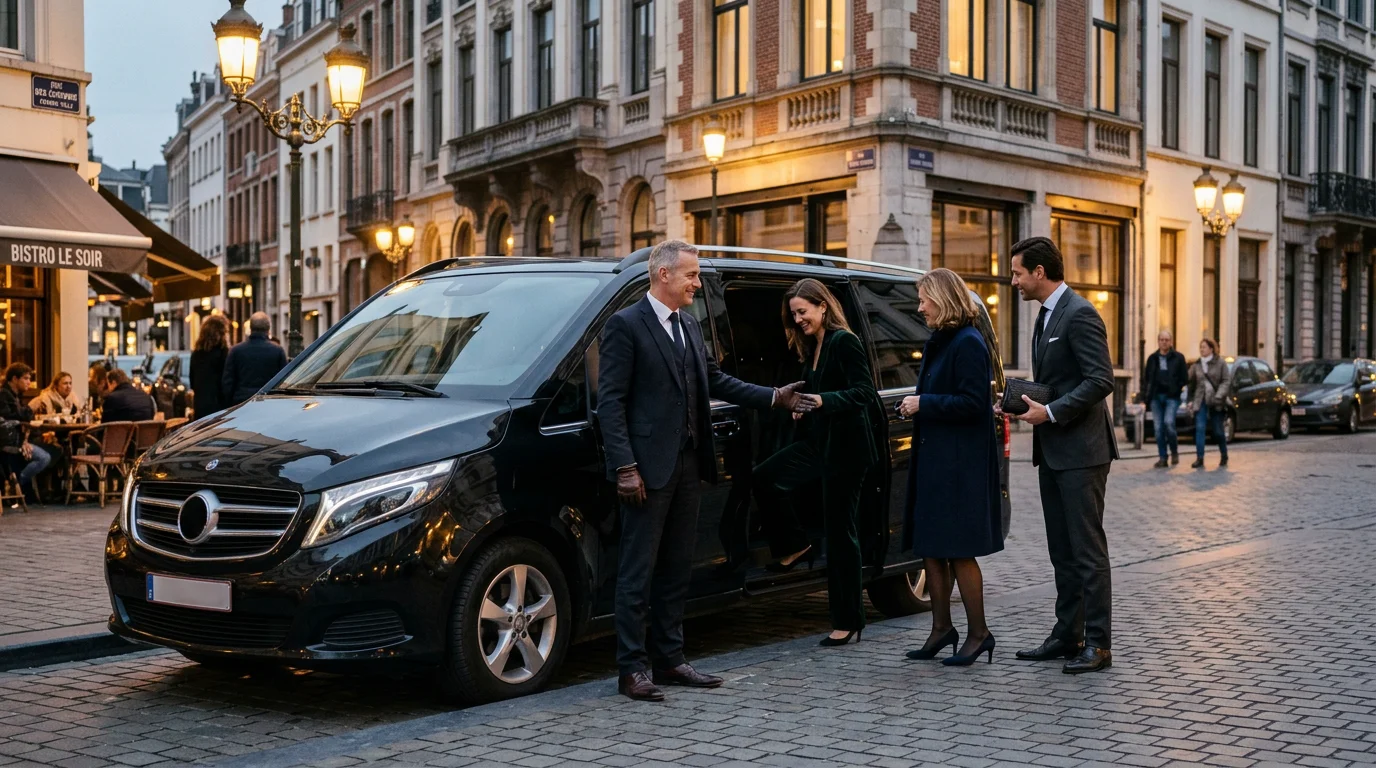 Chauffeur aidant un groupe à monter dans un van noir premium le soir à Bruxelles