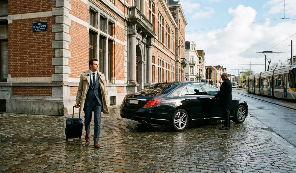 Voyageur d'affaires se dirigeant vers une berline premium pour un transfert vers l'aéroport de Zaventem