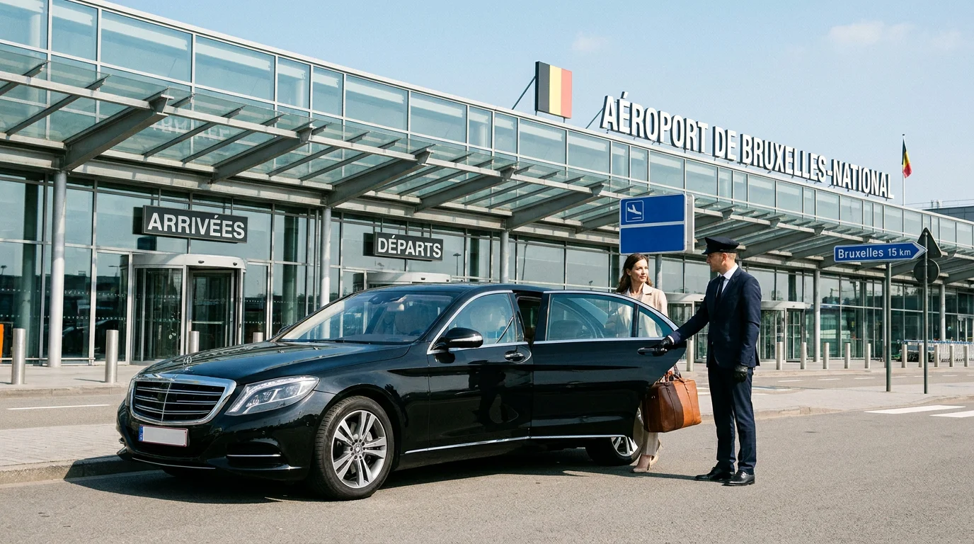 Berline premium devant un terminal d'aéroport avec chauffeur accueillant un passager