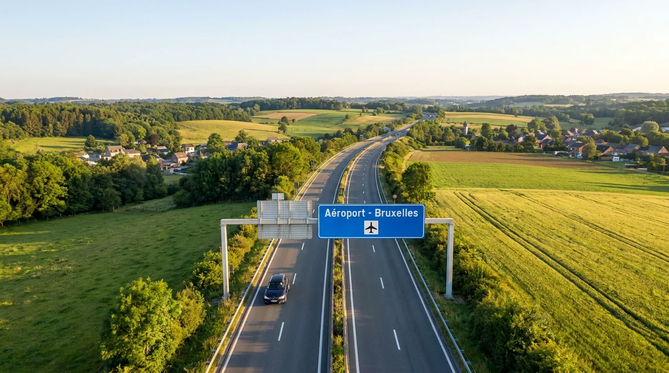 Autoroute belge en Brabant wallon avec une berline en direction de l'aéroport de Zaventem