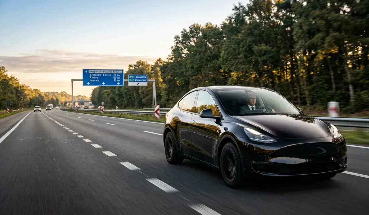 Tesla Model Y noire avec chauffeur sur une autoroute belge vers l'aéroport au lever du soleil