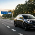 Tesla Model Y noire avec chauffeur sur une autoroute belge vers l'aéroport au lever du soleil