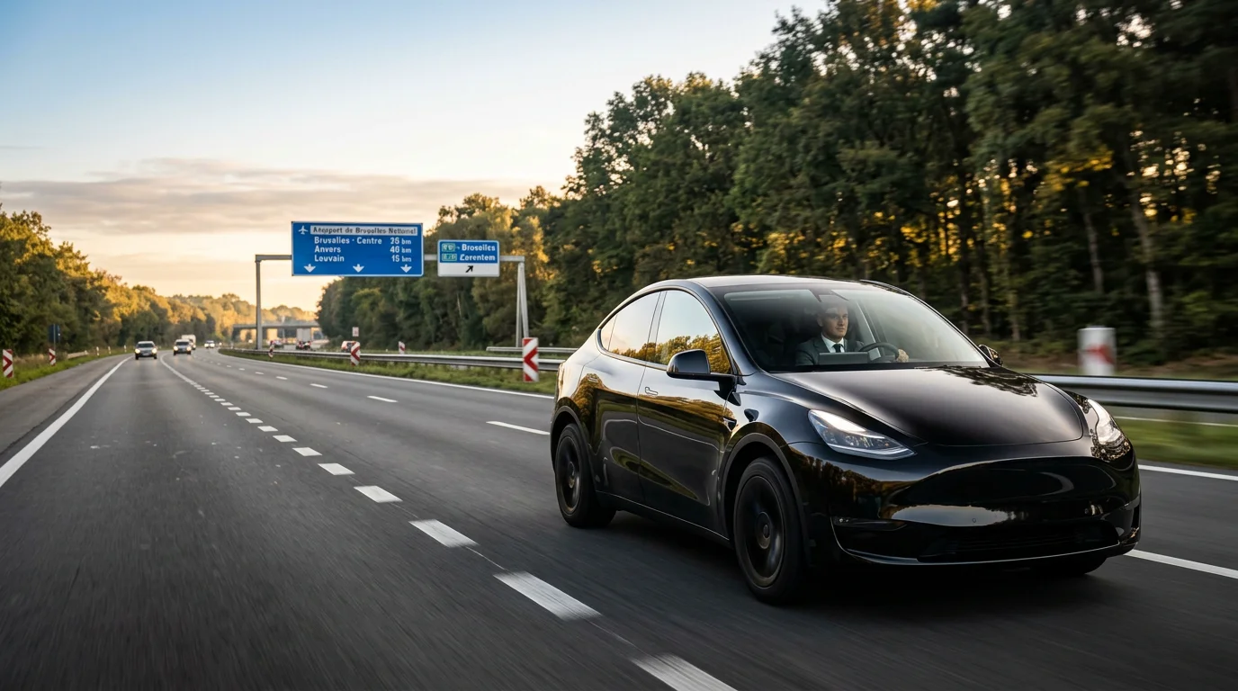 Tesla Model Y noire avec chauffeur sur une autoroute belge vers l'aéroport au lever du soleil