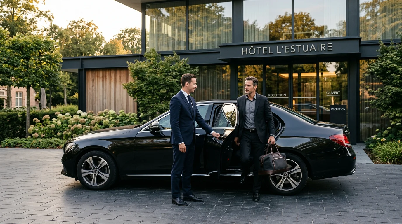 Chauffeur professionnel accueillant un voyageur devant un hôtel avec une Mercedes Classe E noire