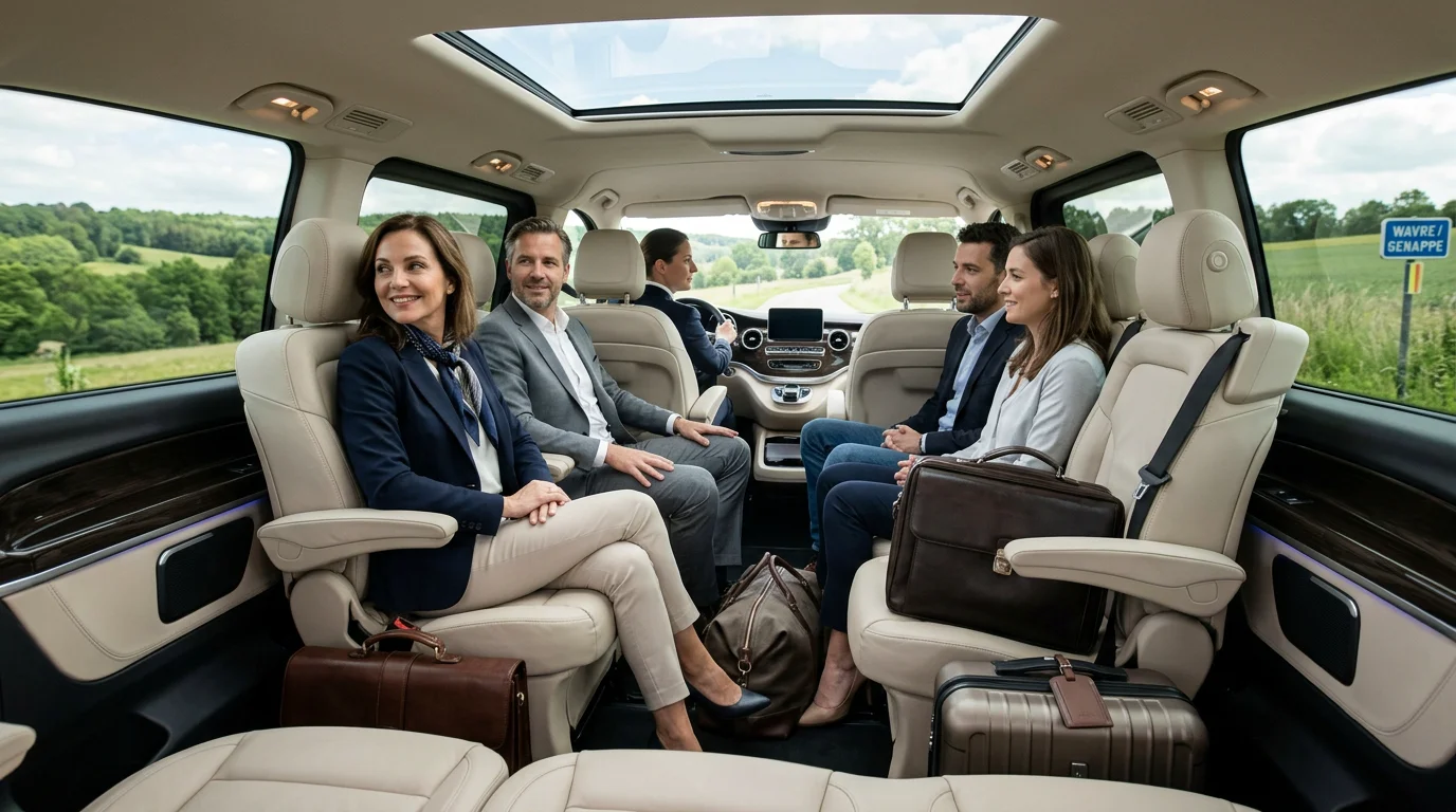Intérieur confortable d'un van Mercedes Classe V noir avec passagers et chauffeur professionnel
