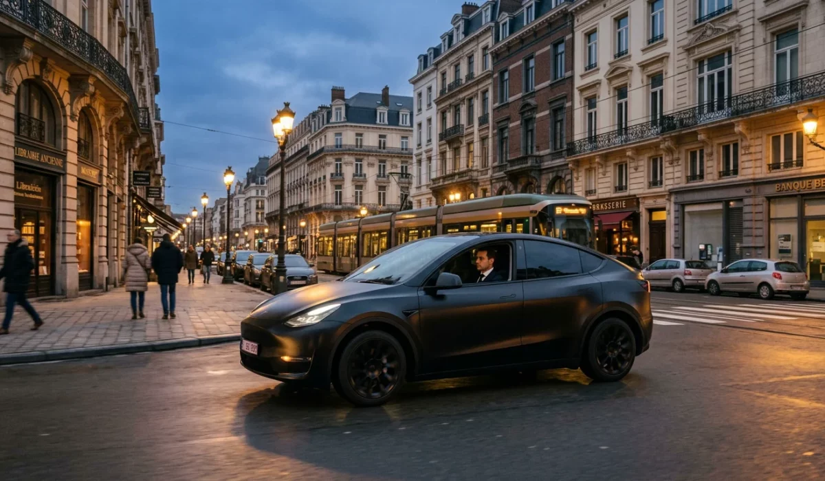Tesla Model Y noire avec chauffeur professionnel circulant à Bruxelles au crépuscule