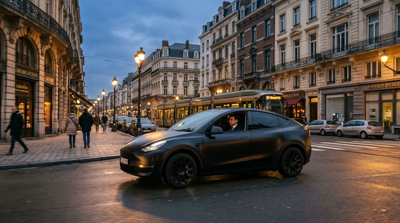 Tesla Model Y noire avec chauffeur professionnel circulant à Bruxelles au crépuscule