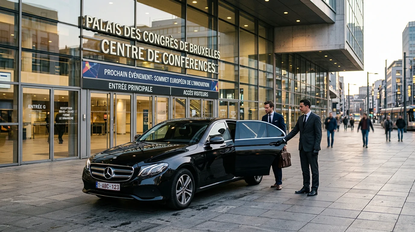 Chauffeur professionnel ouvrant la portière d'une Mercedes Classe E noire devant un centre de congrès à Bruxelles