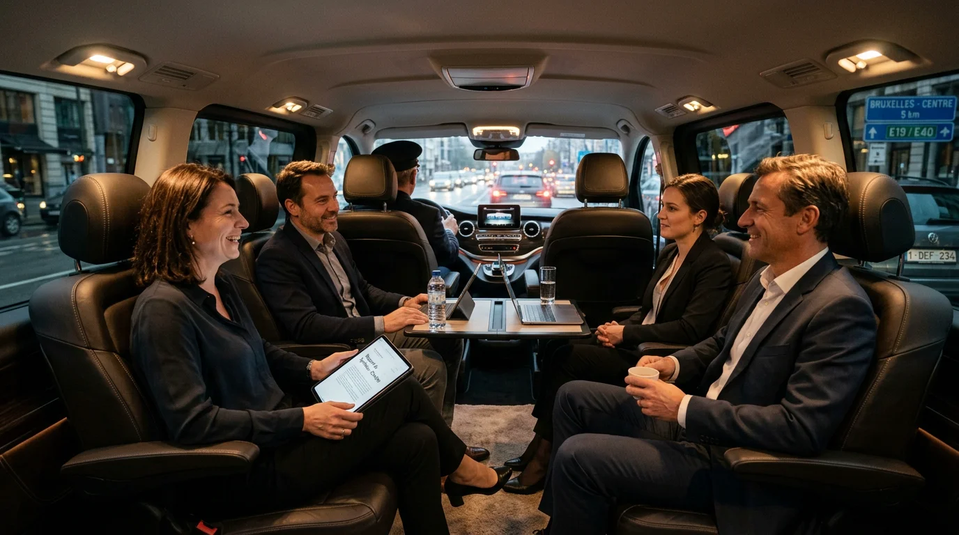 Passagers professionnels à bord d'un van Mercedes Classe V noir conduit par un chauffeur