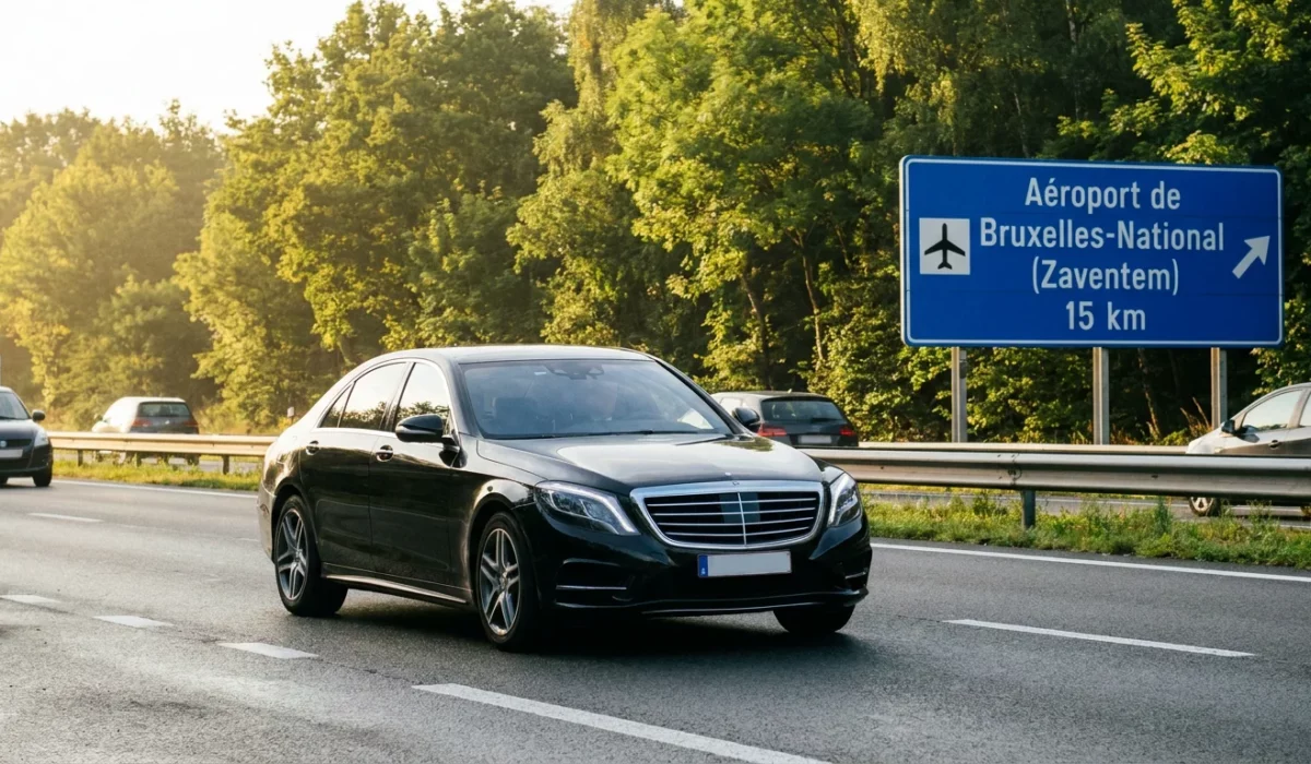 Berline premium sur une autoroute belge en direction de Charleroi Airport