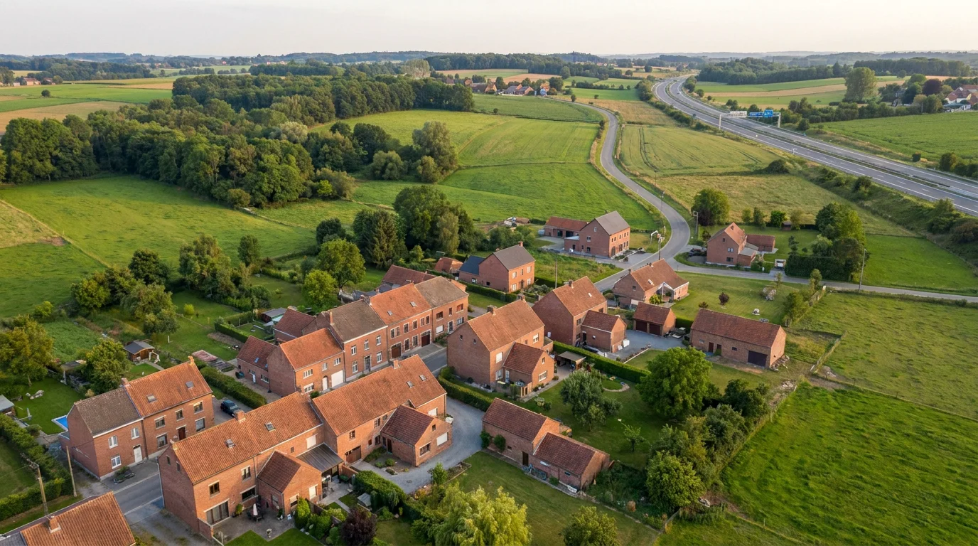 Vue aérienne du Brabant wallon avec route menant vers l'autoroute en direction de Charleroi