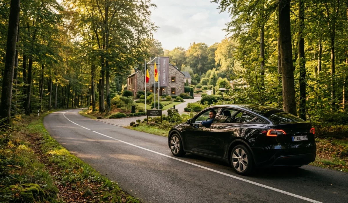 Tesla Model Y noire avec chauffeur professionnel sur une route forestière vers un hôtel de conférence