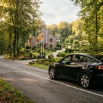 Tesla Model Y noire avec chauffeur professionnel sur une route forestière vers un hôtel de conférence