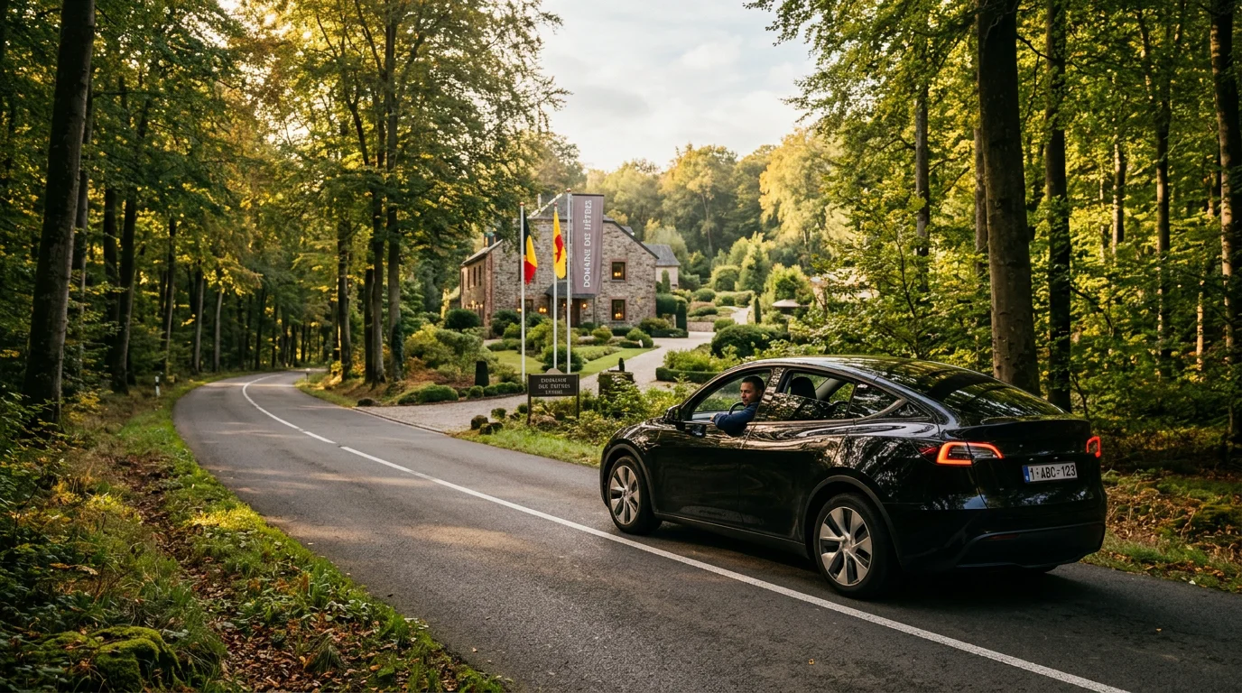 Tesla Model Y noire avec chauffeur professionnel sur une route forestière vers un hôtel de conférence
