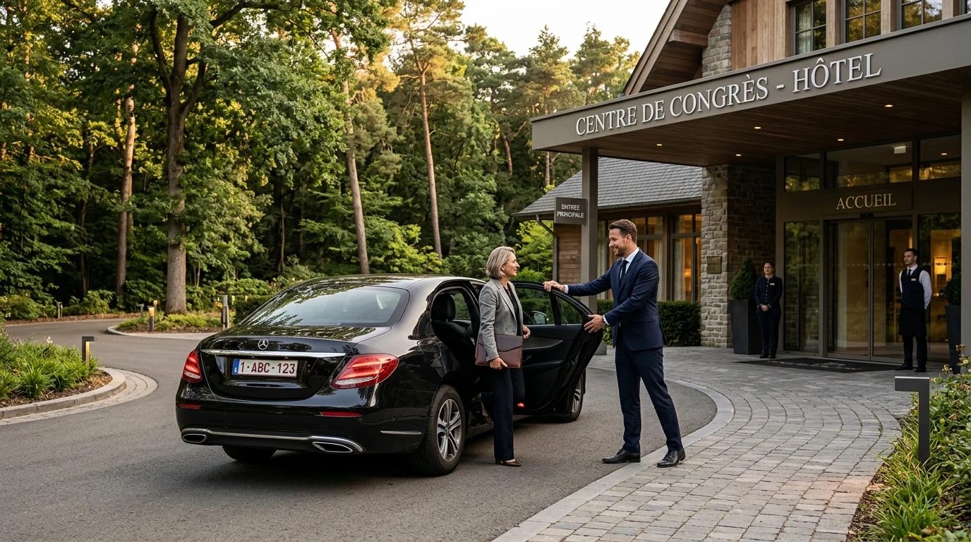 Chauffeur professionnel ouvrant la portière d'une Mercedes Classe E noire devant un hôtel en forêt
