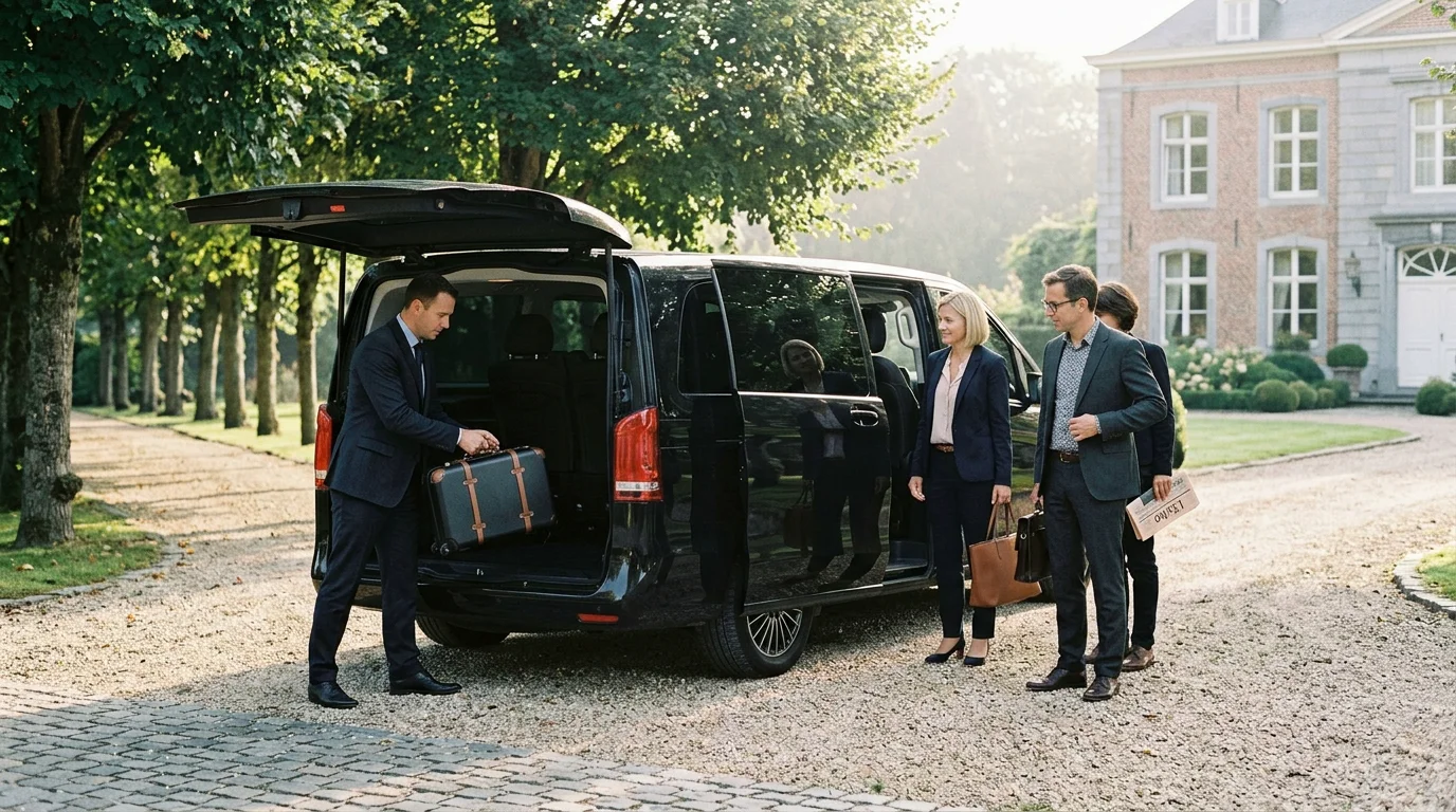 Van Mercedes Classe V noir avec chauffeur chargeant des bagages pour un groupe professionnel