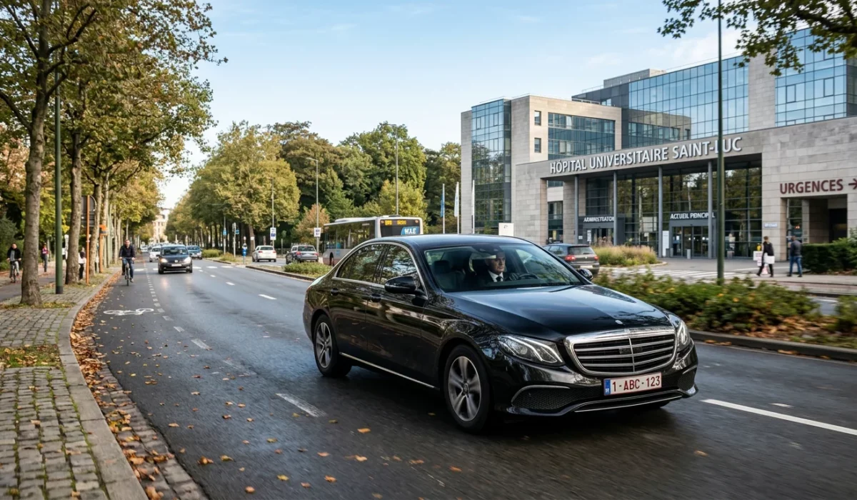 Mercedes Classe E noire avec chauffeur se dirigeant vers un hôpital moderne