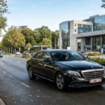 Mercedes Classe E noire avec chauffeur se dirigeant vers un hôpital moderne