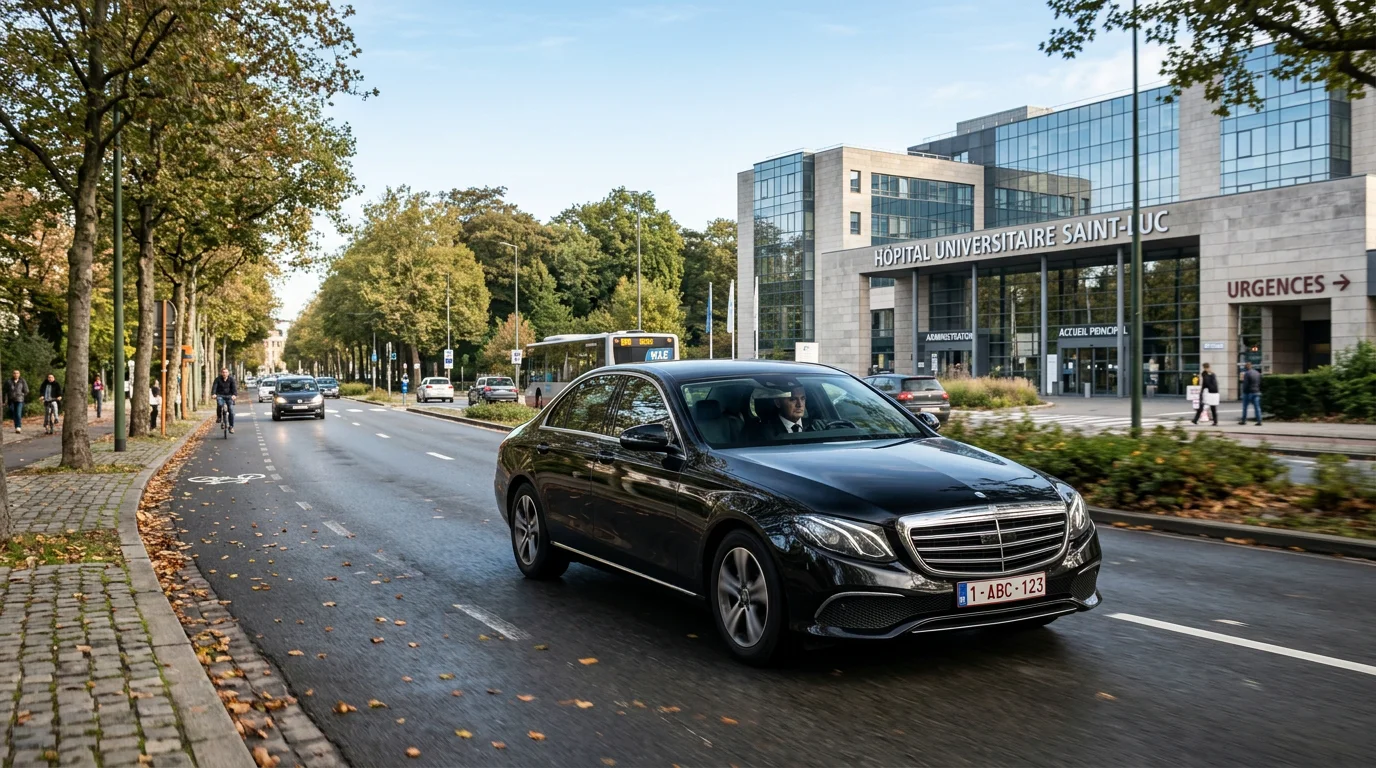 Mercedes Classe E noire avec chauffeur se dirigeant vers un hôpital moderne