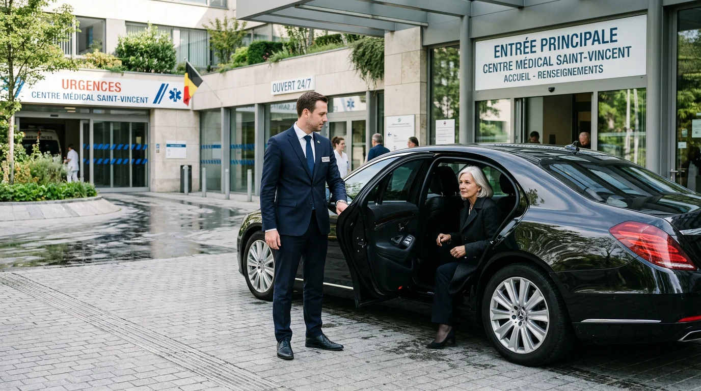 Chauffeur professionnel accueillant un passager devant l'entrée d'un hôpital avec une Mercedes Classe E noire