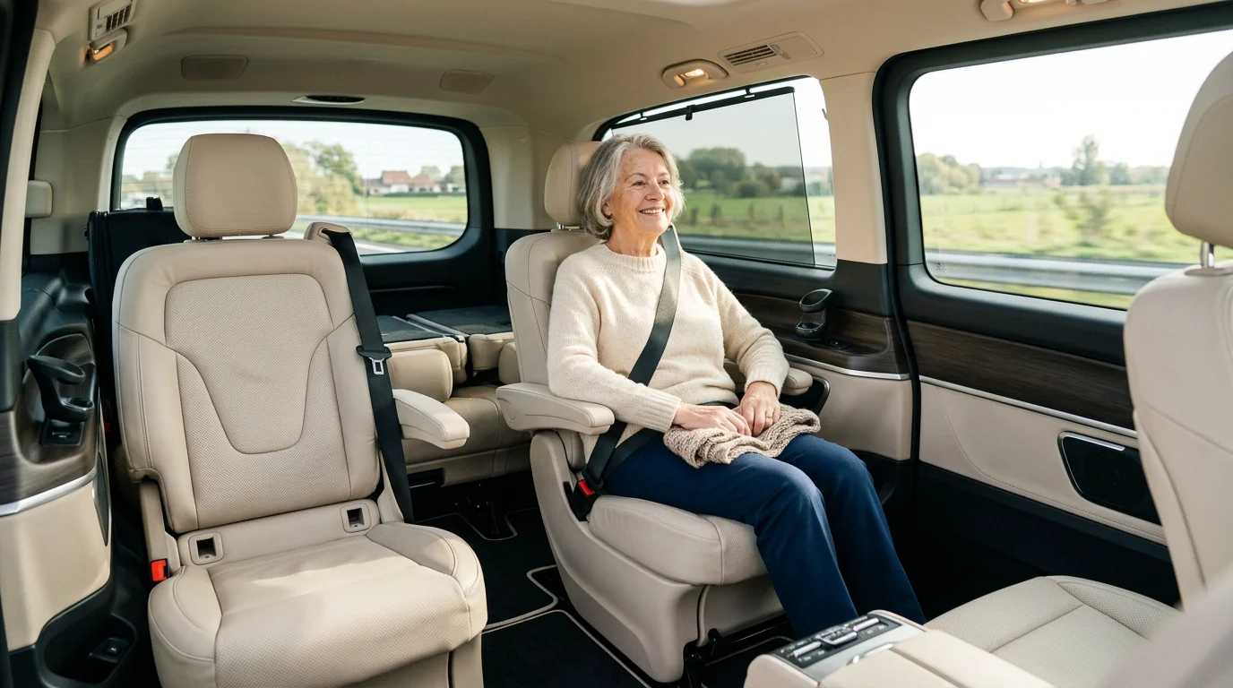 Passager installé confortablement à l'arrière d'un van Mercedes Classe V noir