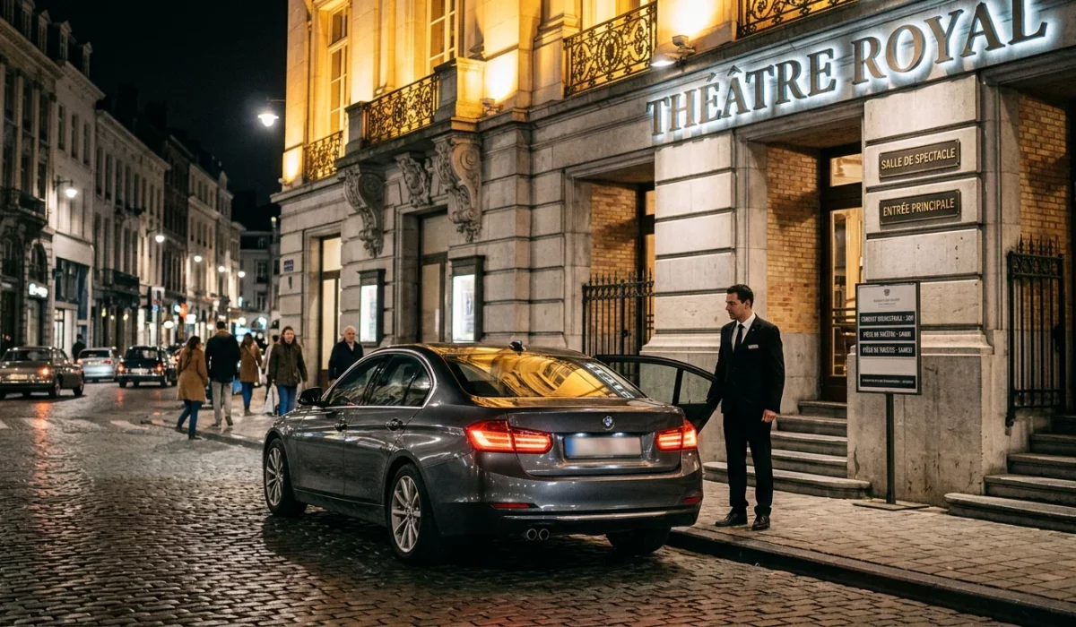 Berline noire avec chauffeur professionnel devant une salle de spectacle à Bruxelles la nuit