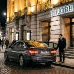 Berline noire avec chauffeur professionnel devant une salle de spectacle à Bruxelles la nuit