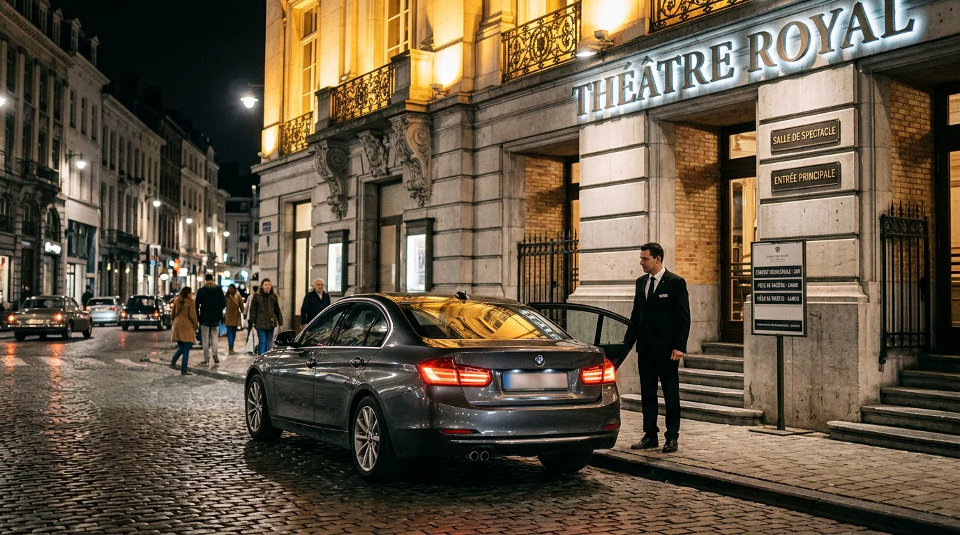 Berline noire avec chauffeur professionnel devant une salle de spectacle à Bruxelles la nuit
