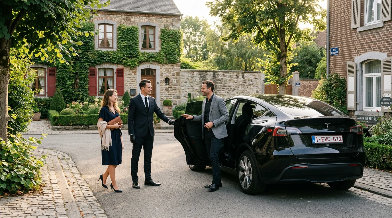 Chauffeur ouvrant la portière d'un véhicule premium noir dans le Brabant wallon