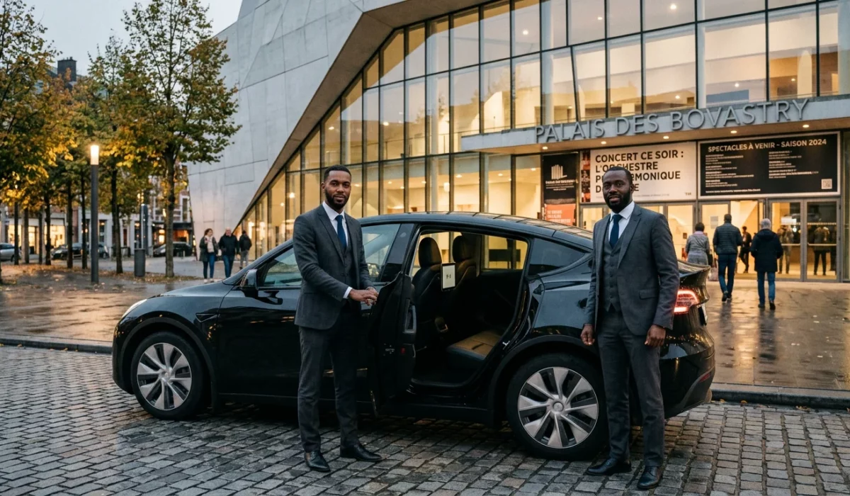 Tesla Model Y noire avec chauffeur professionnel devant une grande salle de concert au crépuscule