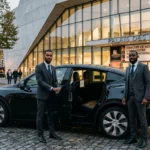 Tesla Model Y noire avec chauffeur professionnel devant une grande salle de concert au crépuscule